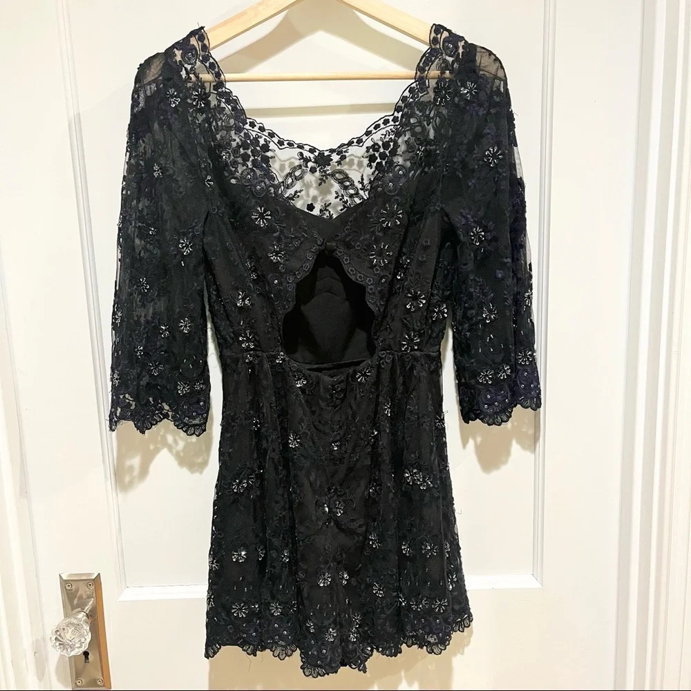 Free People Songbird Lace Rhinestone Black Romper 2 Cutout